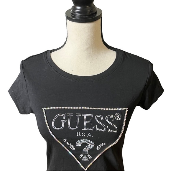 NEW Guess Rhinestone Embellished Short Sleeve Logo Tee in Black sze S - Picture 3 of 12